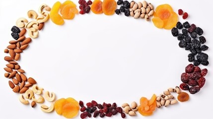 A circle of nuts and dried fruits arranged in a circle. Digital image.