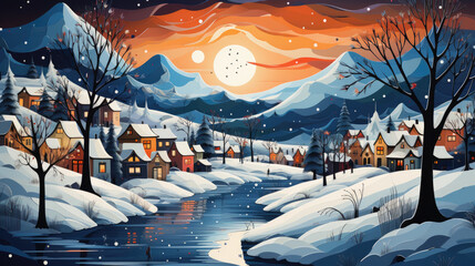A painting of a snowy town with a river running through it. Digital image.
