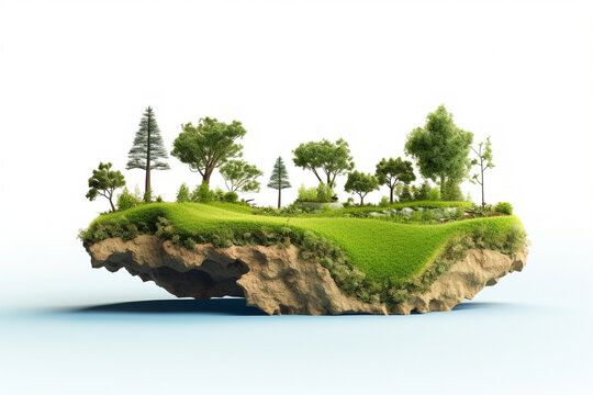 Land cut, Part of ground, island. Ecodesign of a piece of land with trees and grass. AI generative.
