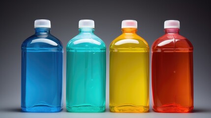 four different colored bottles with some cleaning soap