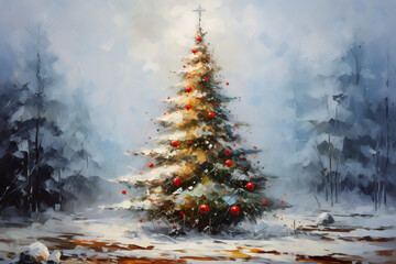 Christmas tree decoration. Oil painting. Impressionism style.