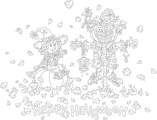 Halloween card with a happy little witch sitting on a pumpkin and a funny scarecrow among autumn leaves swirling around, black and white outline vector cartoon illustration