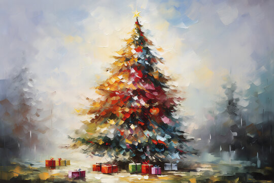 Christmas tree decoration. Oil painting. Impressionism style.