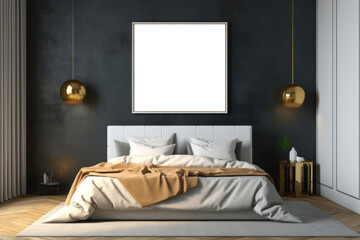 Wall art mockup. Wall art in bedroom. One wall art with wooden borders. Bedroom interior background. Empty mockup frame