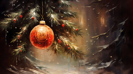 Christmas tree decoration. Oil painting. Impressionism style.