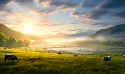 An expansive vista featuring cows feeding in a field where the grass glistens with dewdrops and morning mist, while a sunrise gently emerges in the background