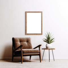 Blank white wall art mockup. One vertical frame with wooden border. Living room background