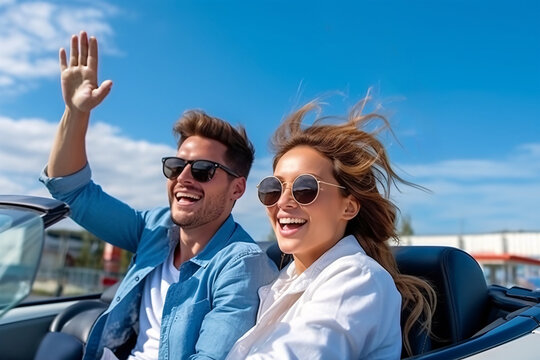 Happy young couple driving in convertible car on road trip. Man and woman laughing and having fun together. Beautiful young woman  with flying hair in the air.
