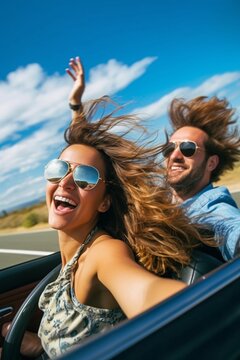 Happy young couple driving in convertible car on road trip. Man and woman laughing and having fun together. Beautiful young woman  with flying hair in the air.
