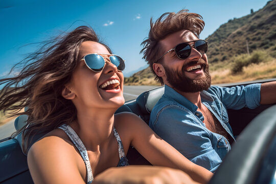 Happy young couple driving in convertible car on road trip. Man and woman laughing and having fun together. Beautiful young woman  with flying hair in the air.
