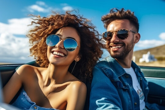 Happy young couple driving in convertible car on road trip. Man and woman laughing and having fun together. Beautiful young woman  with flying hair in the air.
