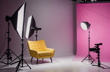 a studio with perfect studio lighting, a pink backdrop and a yellow chair