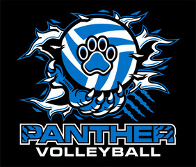 panther volleyball design with claw holding ball and ripping through background for school, college or league sports