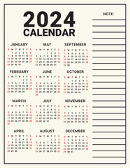 simple 2024 wall calendar design note style vector template