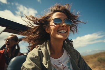 Beautiful young woman driving convertible car with flying hair in the air