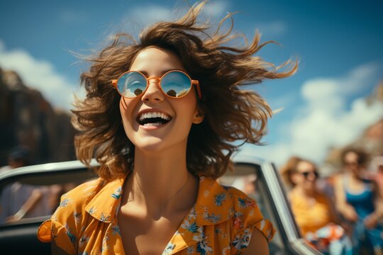 Beautiful Young Woman Driving Convertible Car With Flying Hair In The Air