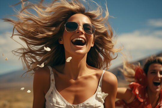 Beautiful young woman driving convertible car with flying hair in the air