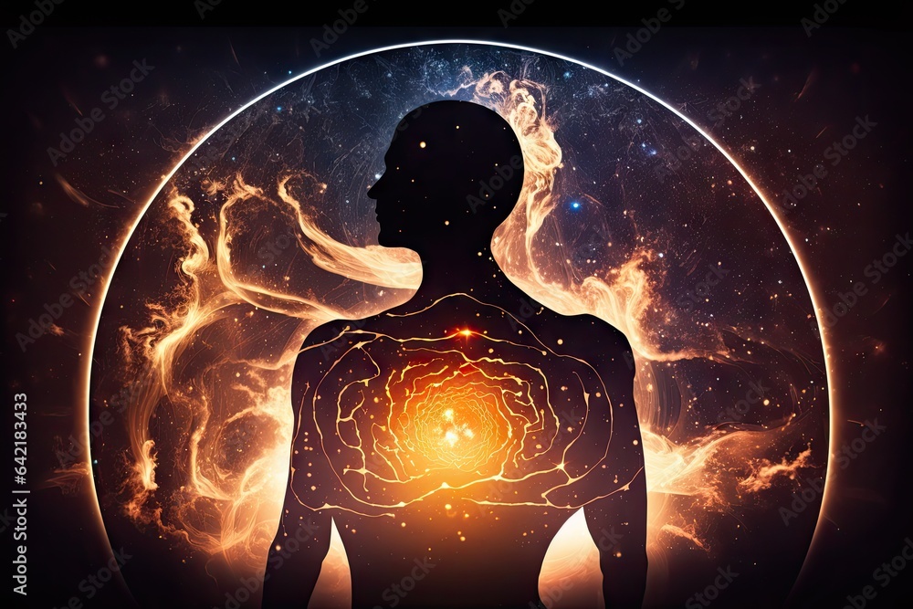 Poster digital composite of highlighted human body and brain in space with fire effect