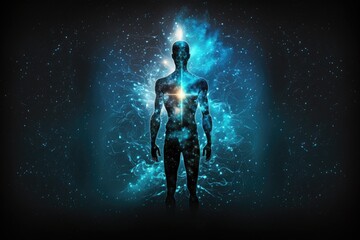 Fototapeta na wymiar Human body with glowing particles and space background
