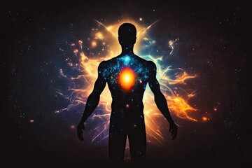 Human body with glowing energy and stars background