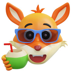 fox drink coconut juice emoticon 3d illustration