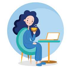 Vector illustration of a girl with a laptop, remote work
