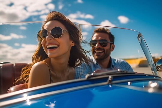 Happy young couple driving in convertible car on road trip. Man and woman laughing and having fun together. Beautiful young woman  with flying hair in the air.
