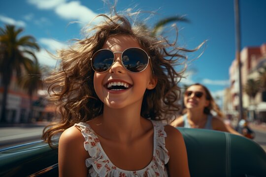 Beautiful young woman driving convertible car with flying hair in the air