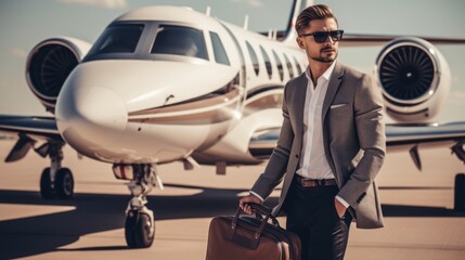 Private jet parked with a businessman leaving it. Modern business jet with a man boarding. Luxury Aircraft preparing for a flight with the boss. Parked passenger plane, handsome man with a suitcase. - obrazy, fototapety, plakaty