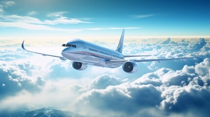 Obraz premium Airplane flying in the blue sky. White modern aircraft passing through the clouds. Airliner flying in the beautiful blue sky. Picture of an Airborne passenger plane. Travel Concept.