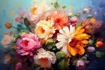Many beautiful flowers. Oil painting. Impressionism style.
