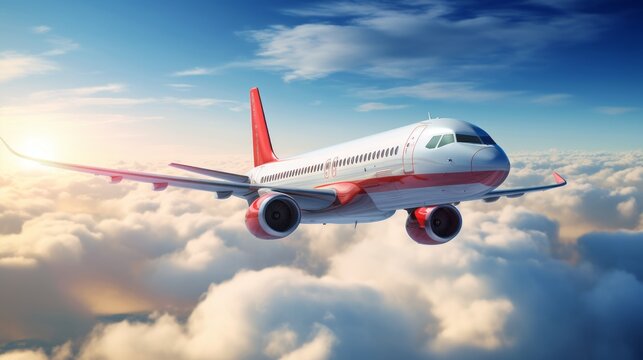 Airplane flying in the sunset sky. White modern aircraft passing through the orange clouds. Airliner flying in the beautiful blue sky. Picture of an Airborne passenger plane. Travel Concept.