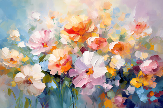 Many beautiful flowers. Oil painting. Impressionism style.