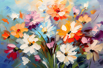 Many beautiful flowers. Oil painting. Impressionism style.