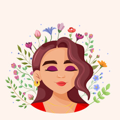 Mental health. Beautiful, sweet girl with closed eyes surrounded by flowers. Mental health concept. Healthy mentality and self-love.  A happy woman feels confident, relaxes, accepts, loves herself. 