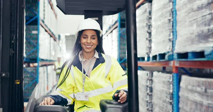 Logistics, forklift and face with woman in warehouse for distribution, shipping and cargo. Supply chain, inventory and wholesale storage with portrait of person for delivery, export and safety