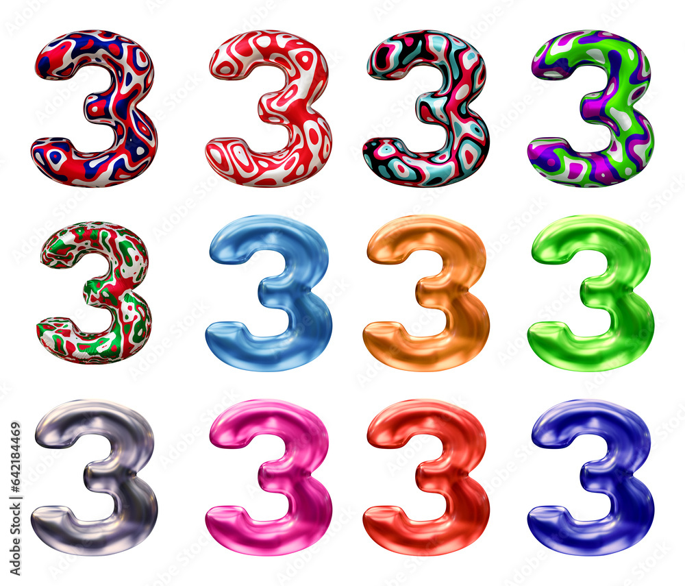 Poster set of number 3 in 3d rendering isolated on transparent background for math, business and education 