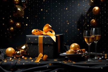 Black and gold black Friday banner with gift boxes, globes and champagne glasses