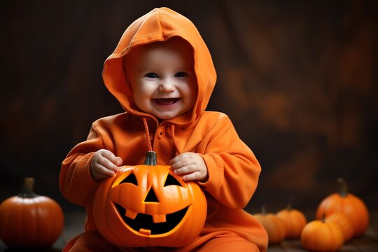 Adorable baby dressed in orange for Halloween. Studio shot image