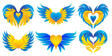 Fototapeta na wymiar Icon set with heart and wings in blue and yellow color of the flag of Ukraine on a white background. Vector clipart. Symbol of freedom and independence.