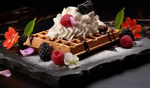 A waffle topped with whipped cream and berries. Digital image.