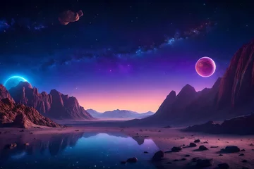 Photo sur Plexiglas Matin avec brouillard Cosmic background, alien planet deserted landscape with mountains, rocks, deep cleft and stars shine in space. Extraterrestrial computer game backdrop, parallax effect cartoon 