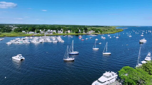Flying over the waterfront and harbor at Newburyport, Ma
