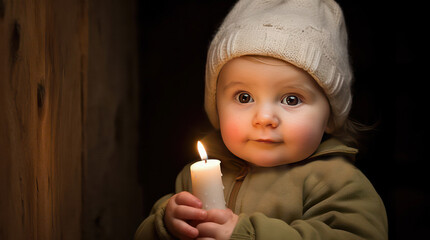 Child holding a candle, Innocence and Hope concept background, generative ai