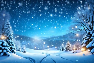 Christmas, Snowy background with light garlands, falling snow, snowflakes, snowdrift for winter and new year holidays. Holiday winter landscape. Vector 