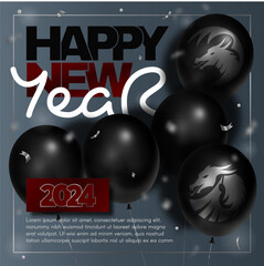 Happy New Year 2024 poster with dragons, balloons, snowflakes, and congratulatory text in silver and black colors. Vector 3D illustration.
