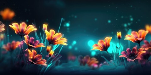 Fototapeta na wymiar Beautiful abstract coral, turquoise, and yellow night photo floral design background banner. beautiful Generative AI AIG32