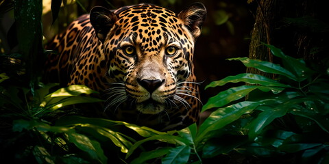 jaguar concealed amidst the dense foliage of the Amazon rainforest, carefully observing its prey from the shadows.