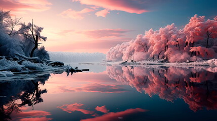 lakeside view during winter, where snow blankets the surroundings, trees stand still, and the icy water surface mirrors - obrazy, fototapety, plakaty