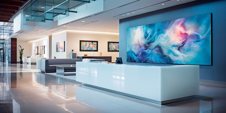 Sleek And Modern Corporate Office Lobby With Minimalist Decor, A Large Reception Desk, And Contemporary Art Installations.